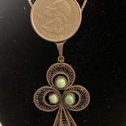 Antique Ankh Turquoise Filigree Sterling Silver Pendant 