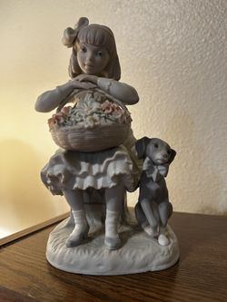 1969 Vintage Llardo  VTG Girl Sitting With Basket Of Flowers And Dog