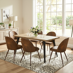 Homy Casa Lancelot + Haven 7PC Dining Set 63" Walnut Table with 6 Suede Brown Chairs Walnut Legs