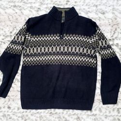 Men's Navy Blue Green & Beige Half Zip Patterned Sweater