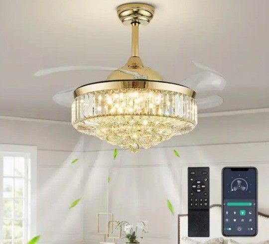 Luxury Smart Retractable Ceiling Fan Crystal Gold Antique
