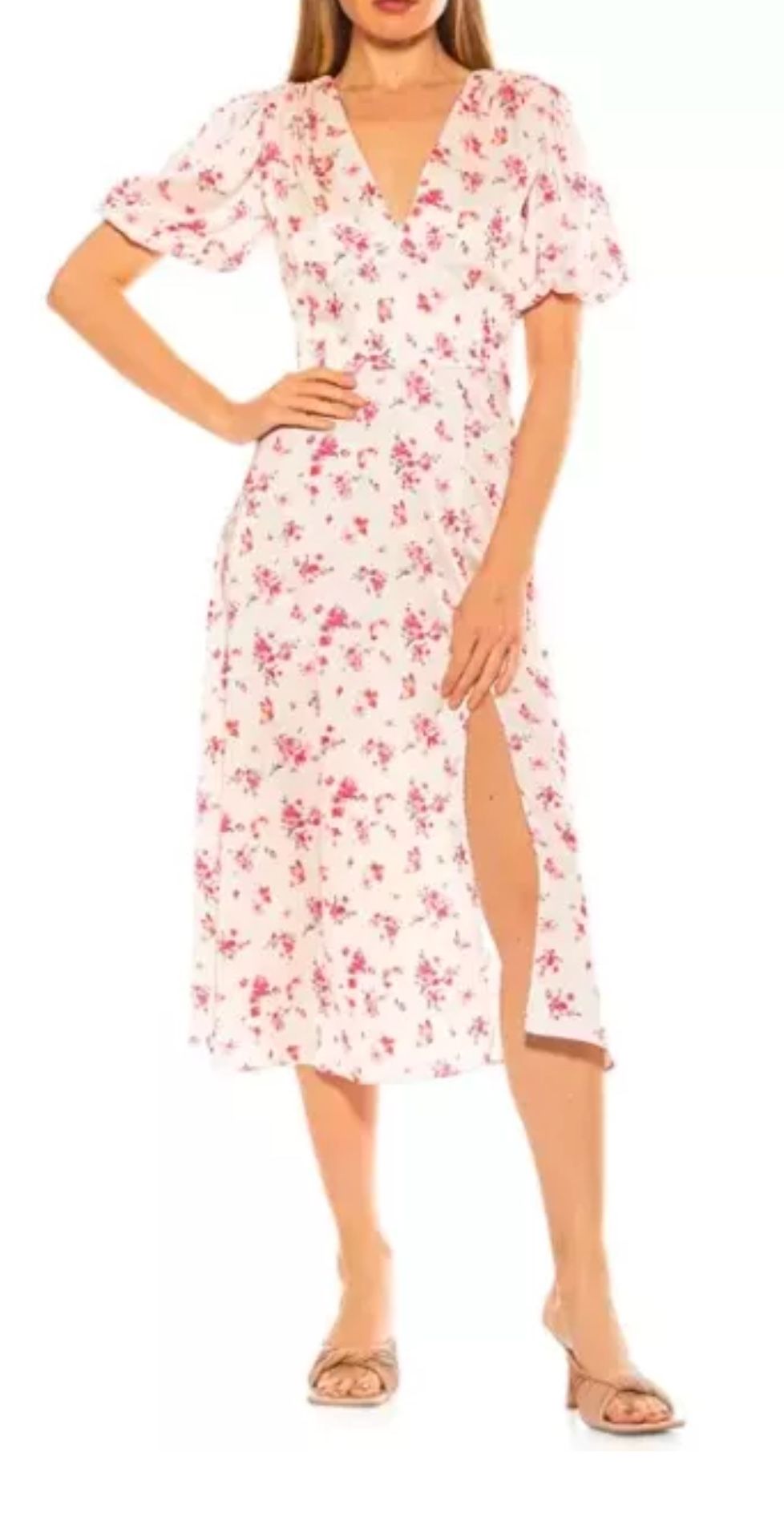 Alexia Admor "Nola" Puffy Sleeve Ivory Pink Floral Fit N' Flare Midi Dress Sz 12