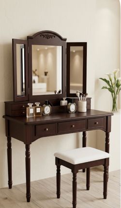 Classic Dark Wood Vanity Set with Tri-Fold Mirror & Matching Stool