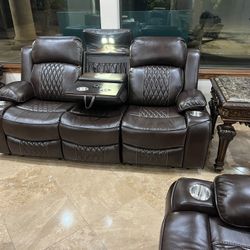 New Power Reclining Couch / Love Seat.  Brown / Grey Gel Leatherette.  Reading Lights.  Free Delivery!