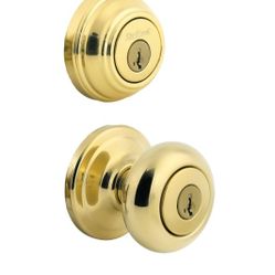 Kwikset Juno Keyed Entry Door Knob and Single Cylinder Deadbolt Combo Pack with Microban Antimicrobial Protection, Smartkey, Polished Brass, New Open 