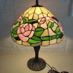 Tiffany Style Floral Stained Glass Antique Brass Table Lamp 23 " Tall


