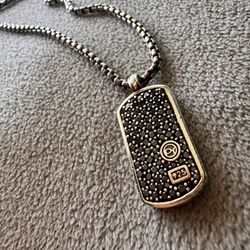 David Yurman 925 Sterling Silver Pavé Black Diamond Dog Tag Pendant 18" Necklace