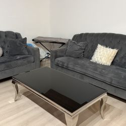 Gray Velvet Sofa Set with Coffee Table – 2 Sofas + Modern Table
