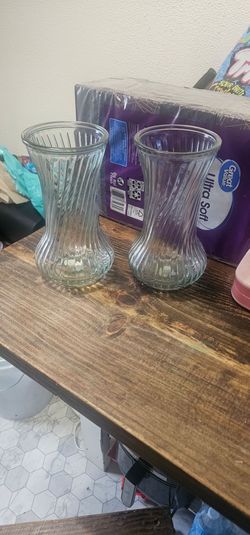 Set of 2 Clear Ribbed Glass Vases