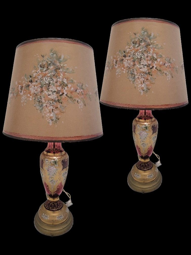 Pair Of Hand Painted Antique Table / Bedside Lamps