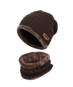 Brown 2 Pcs High Quality Unisex Winter Cap Warm Wool Lining Knitted Hat Beanie & Scarf