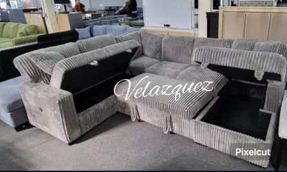 ✅️✅️4 pc Smoke grey fur like corduroy fabric sectional sofa with storage chaise and love seat and pop up sleep area in center USB charging✅️✅️