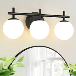 3-Light Bathroom Light Fixtures, Matte Black Vanity Lights for Bathroom with Milky White Glass Ball Shades, 18.9 inch Bathroom Lighting Fixtures Over 