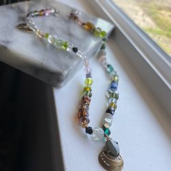   Crystal Beaded Necklace / Jade Pendant  & Cloisonné Enamel Butterfly  