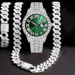 3-Pcs Men's Iced Out 14K White Gold-Plated Cubic Zirconia Quartz Wrist Watch With 20"Cuban Chain Necklace & Bracelet 