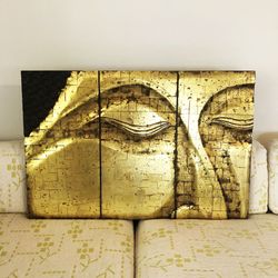 Gold Buddha Face Wall Decor Art Wooden Style Large Art Piece, Meditation Yoga   
