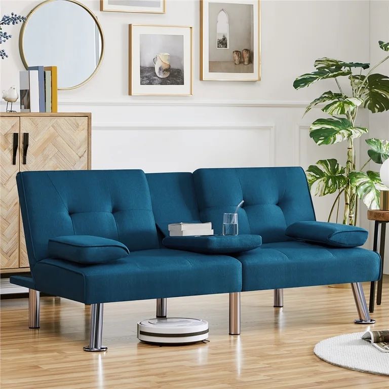 Modern Fabric Upholstered Futon with 2 Throw Pillows, Aqua Blue