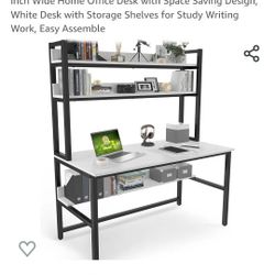 Aquzee Computer Desk with Hutch and Bookshelf, 55 inch Wide Home Office Desk with Space Saving Design, White Desk with Storage Shelves for Study Writi