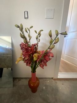 Amber vase with artificial orchids and callas — $30 OBO