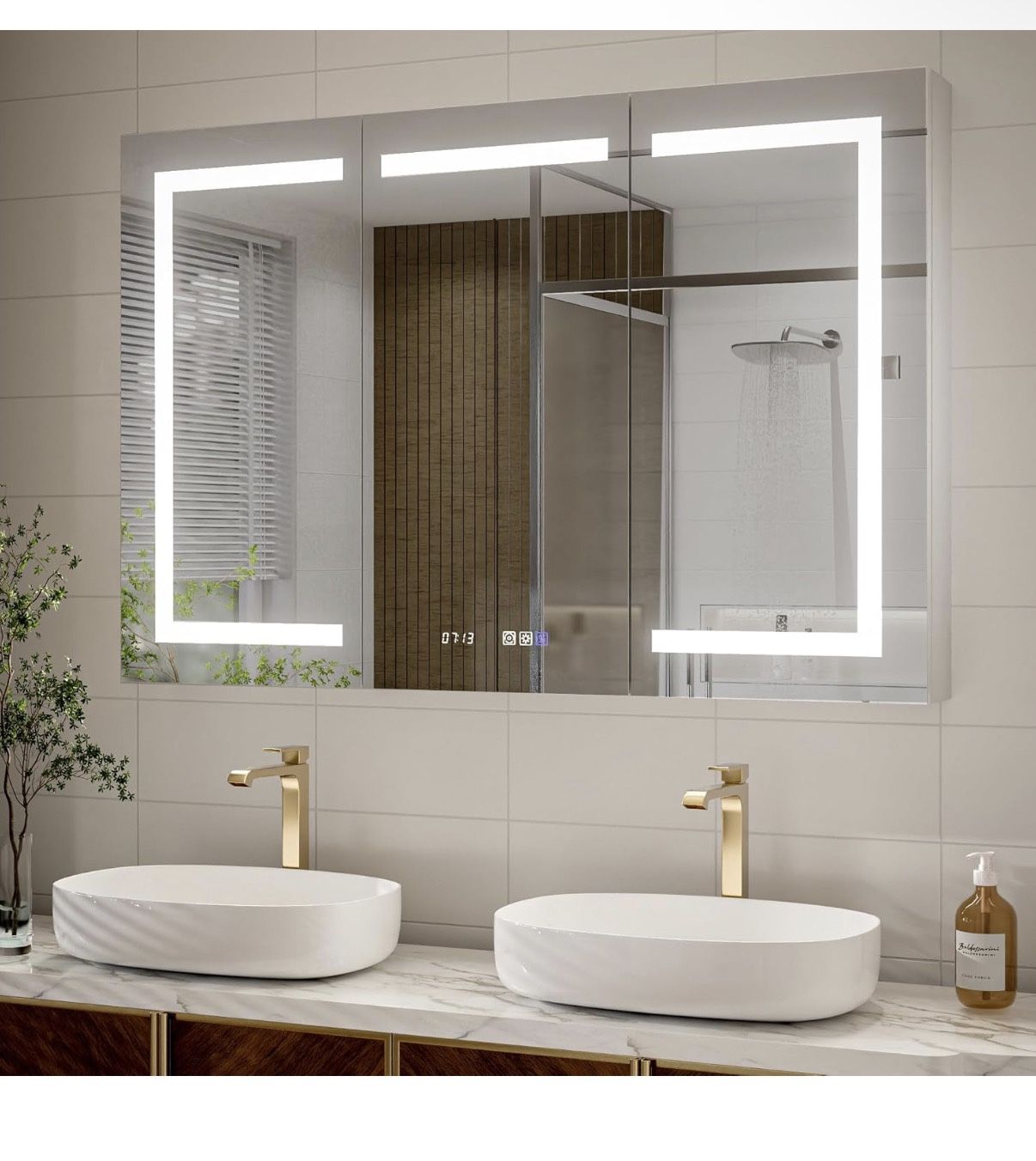 48" W×32" H LED Smart Medicine Cabinet, Bathroom Mirror Cabinet with Lights,Clock & Temperature Display, Dimmable LED Lighting, USB Charging, Defog, S