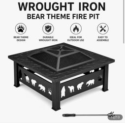 NEW 32” Wrought Iron Bear Theme Fire Pit w/ Spark Screen & Poker – $90