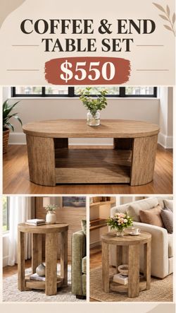 Brand new walnut wood coffee table and side table set