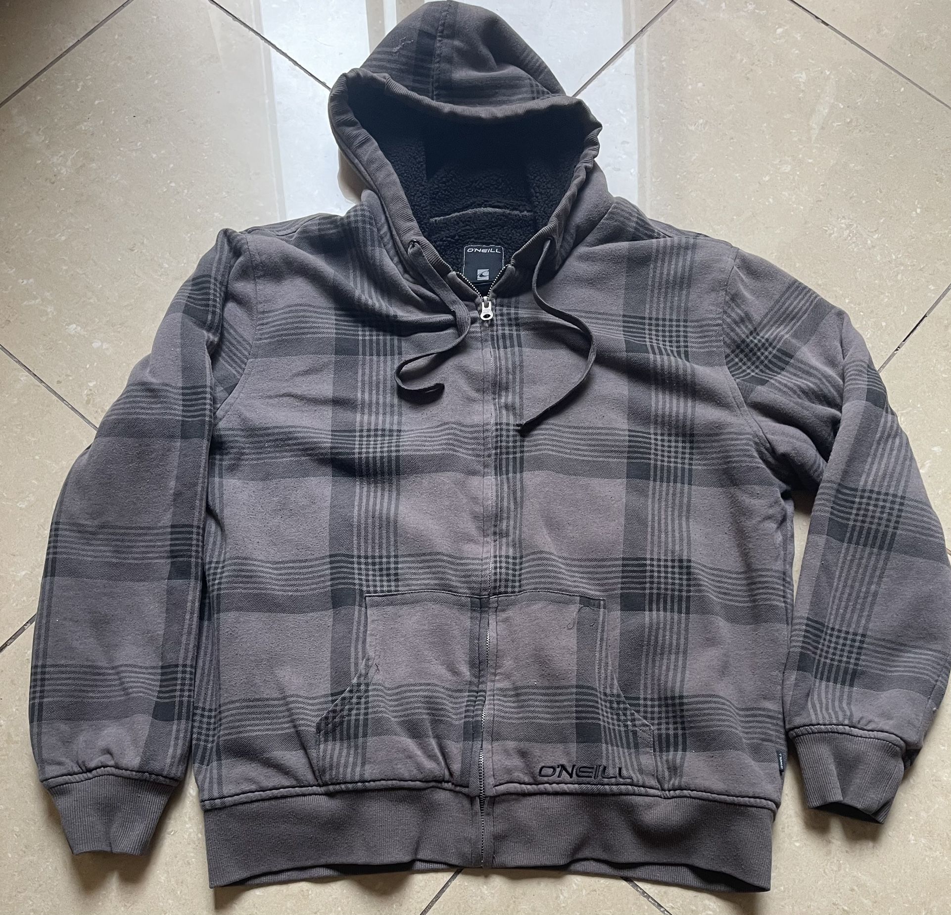Y2K Oneill Skater Grunge Zip Up Hoodie Sweatshirt Mens XLarge Fur Sherpa Lined Gray