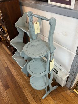 Vintage Blueish Green 3 Tiered Solid Wood Plant Stand Table