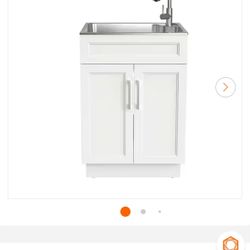 Stainless Steel Laundry Sink with A Assembled Cabinet  White Faucet