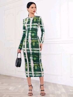 🟥XL Green Plaid Long Sleeve Midi 