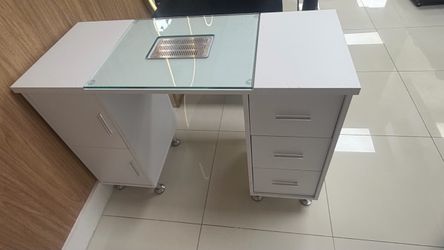 Professional Manicure Nail Table – $120  Great condition! White manicure/nail tech table with glass top, built-in dust collector/vent, drawers, and st