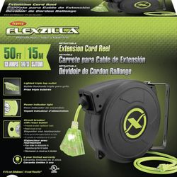 Flexzilla Retractable Extension, 14/3 AWG SJTOW, 50', Grounded Triple Tap Outlet Electric Cord Reel, ZillaGreen, FZ