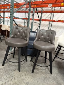 Swivel Barstools Set of 2, PU Leather Upholstered Counter Stool with Grey, Kitchen High Chairs Counter Height Bar Stools with Cushion, Solid Wood Legs