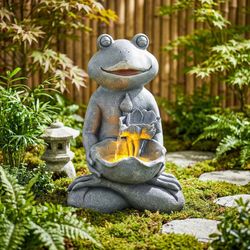 NEW & SEALED 19" Meditating Frog Outdoor Water Fountain – LED Lights