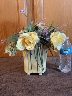 Vintage Footed Ceramic Planter with Faux Yellow Rose Arrangement