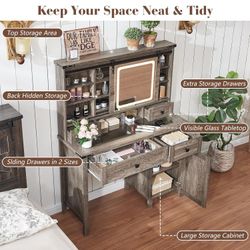 42'' Farmhouse Makeup Vanity Desk with Sliding Mirror and Lights, Glass Tabletop Vanity Table with Barn Door, 4 Drawers & Hidden Shelves, Ru