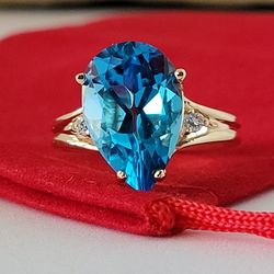 ❤️14k Size 7 Gorgeous Solid Yellow Gold Blue Topaz and Genuine Diamond Ring!/ Anillo de Oro con 1 Topacio Azul y Diamante!👌🎁Post Tags: Anillo de Oro