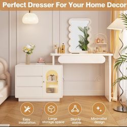 Makeup Vanity with Rectangle Mirror with Lights Modern Cosmetics Table with Storage Carbinet Changing Direction Vanity Desk Dressing Table for Women