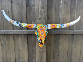 Mexican Talavera Sunflower 🌻 Longhorn Skull Wall Décor, Pottery, Clay Pot, Planter.