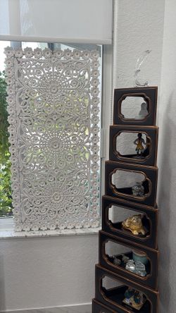 2 For $150. BIG PAIR 47” X 24” to hang or lean with hooks on back. 2 CARVED FLORAL wood wall art panel plaques with detailed flowers. PAIR $150.