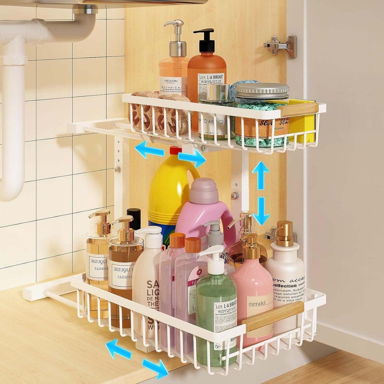 Under Sink Organizer, Height Adjustable Under Sink Organizers and Storage, 2 Tier Pull Out Drawer Cabinet Storage for Kitchen Bathroom, 1 Pack, White
