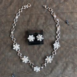 AMCO Rhodium Plated  Sterling Silver Rhinestone Flower Necklace Earrings Set