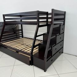 New💌$10 Down Payment Finance 💌 Ellington Brown Twin/Full Bunk Bed With Trundle