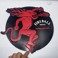 Fireball Whisky 16'' Metal Sign Embossed Tastes Like Heaven Burns Like Hell Man Cave