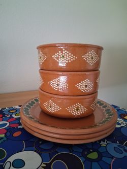 Hand-Painted Mexican Terracotta Bowl & Plate Set (6 Pieces)