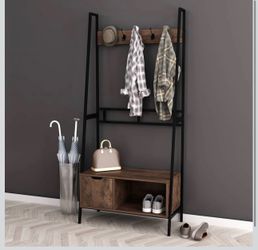This Nutmeg Brown Finish Black Frame Entryway Hall Tree Coat Shoe Rack Storage Bench with 5 Hooks