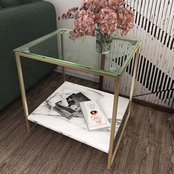 Faux White Marble and Gold Glass Industrial End Table 