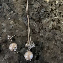 Sterling Silver and Pearl 17 Inch Necklace and Earring Set 