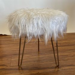 White Fur & Gold Hairpin Vanity Chair  