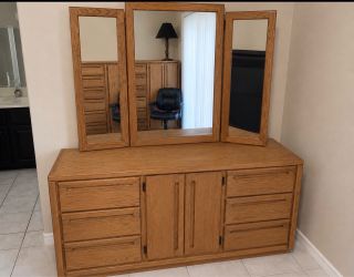 Oak Dresser with Tri-Fold Mirror